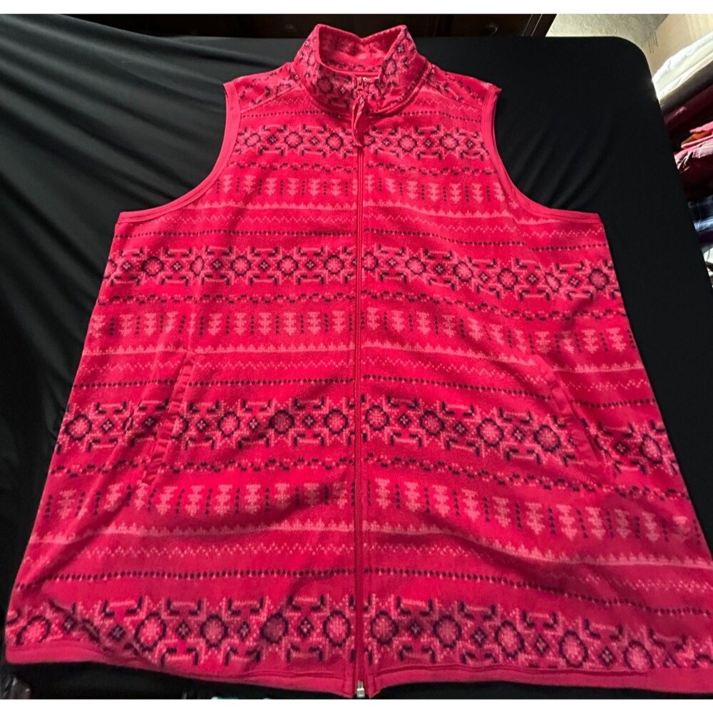 Woman Within Fleece Vest 2X 26-28 Pink Nordic Geometric Zip Up Lt Weight NWOT